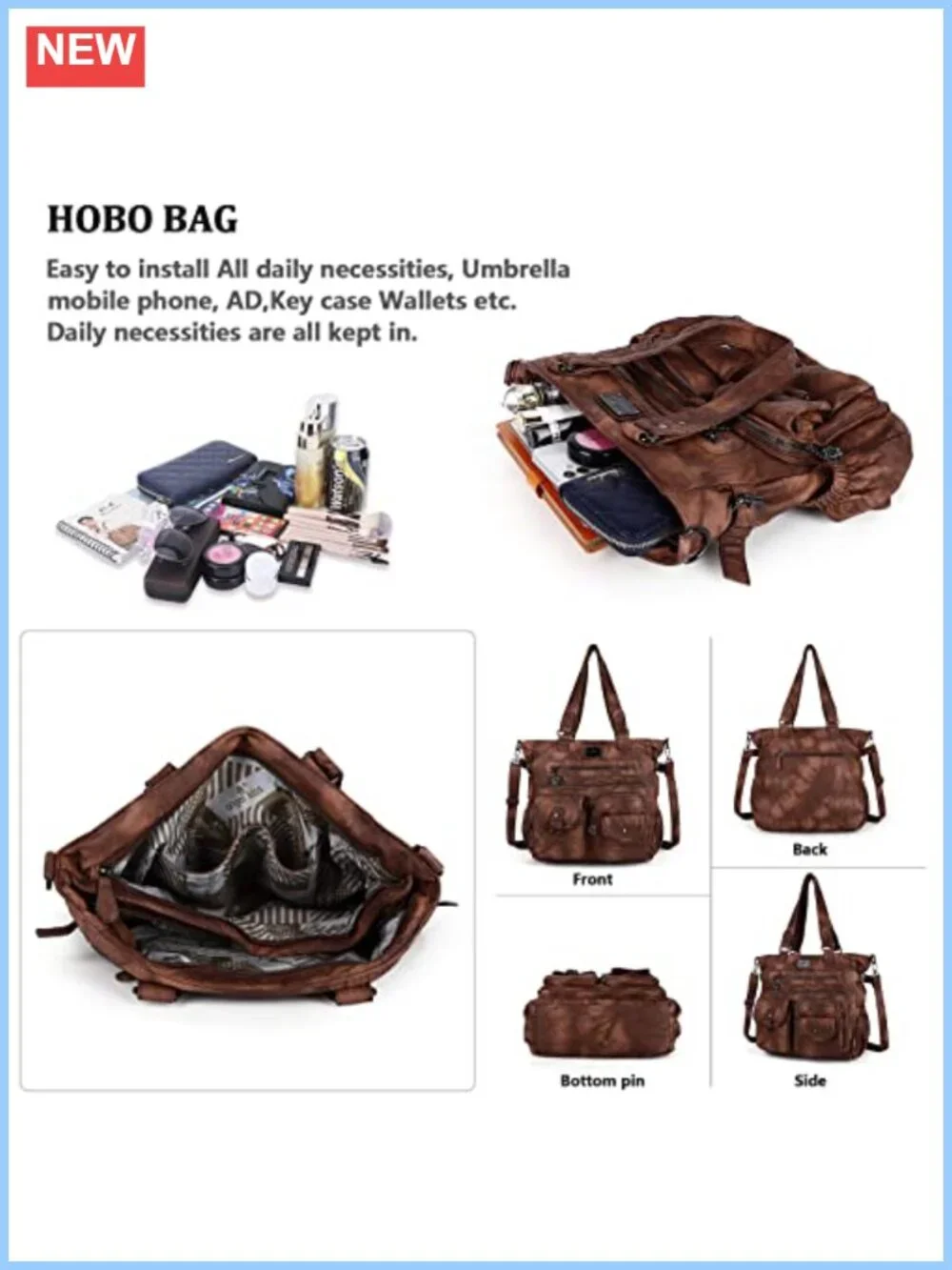 Washed PU Leather Hobo Bag Satchel Shoulder Crossbody Tote